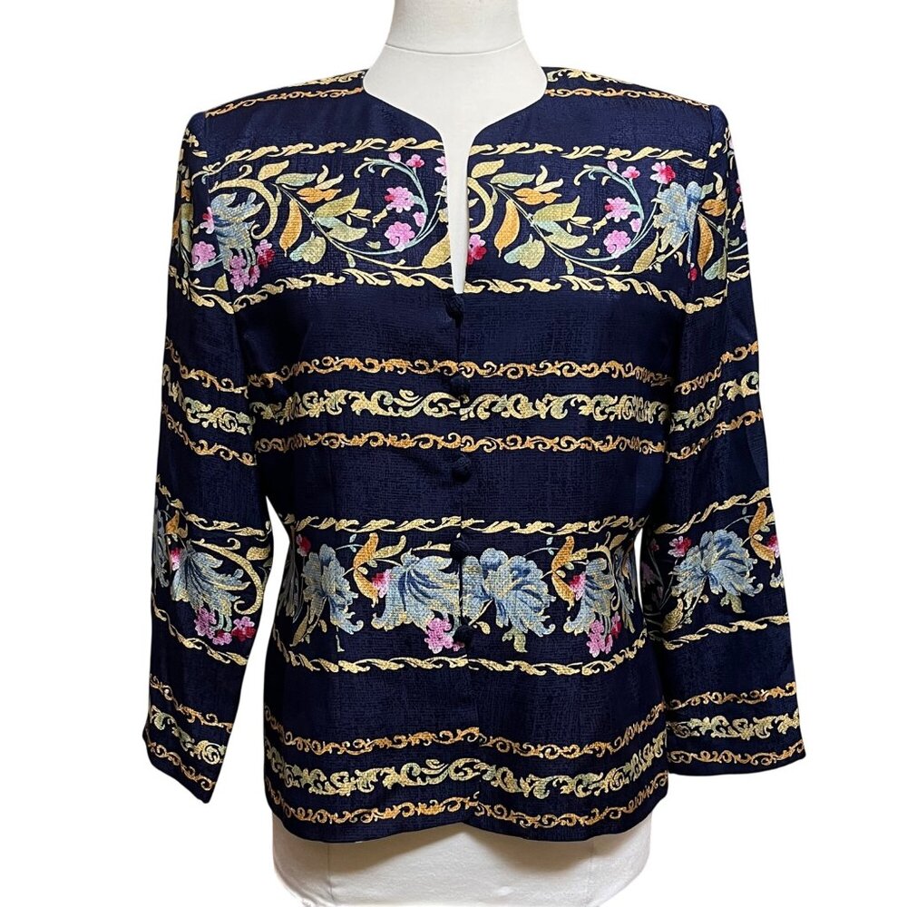Adrianna Papell Navy Silk Floral Jacket Blazer Top Size 12 Button Up Old Money